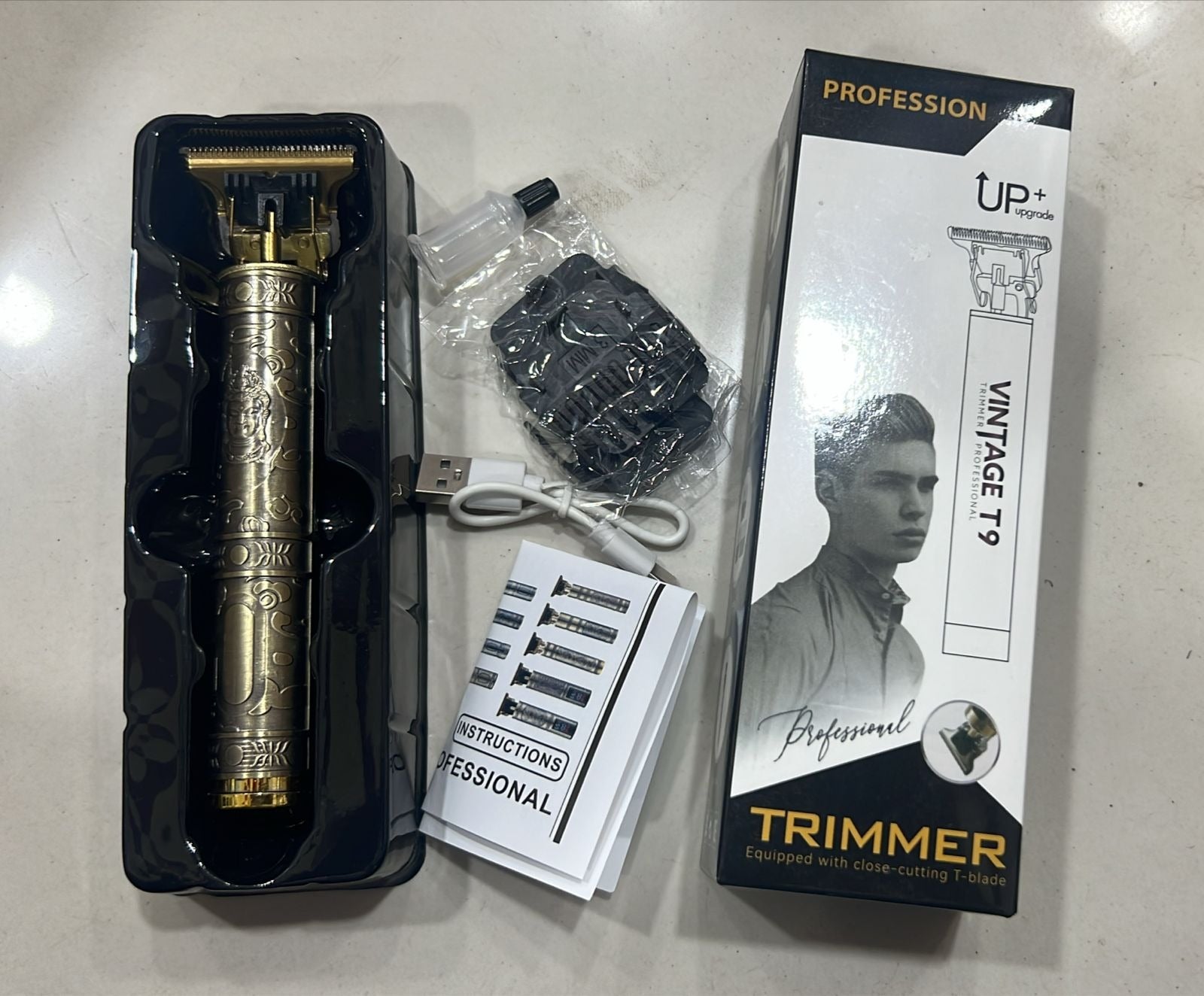 Vintage T9 Professional Hair Trimmer for Men – Metal Body Cordless Hair Clipper, USB Rechargeable Zero-Gapped Detailer for Beard & Grooming.