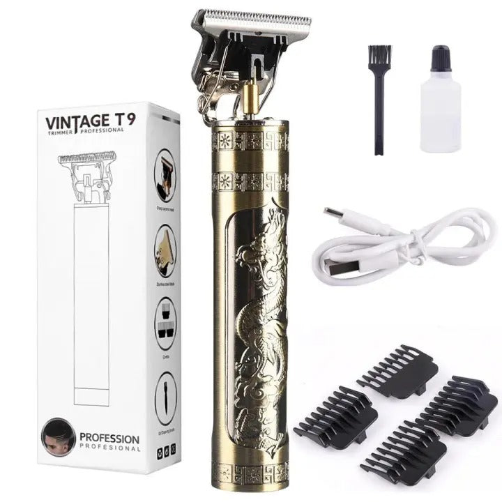 Vintage T9 Professional Hair Trimmer for Men – Metal Body Cordless Hair Clipper, USB Rechargeable Zero-Gapped Detailer for Beard & Grooming.